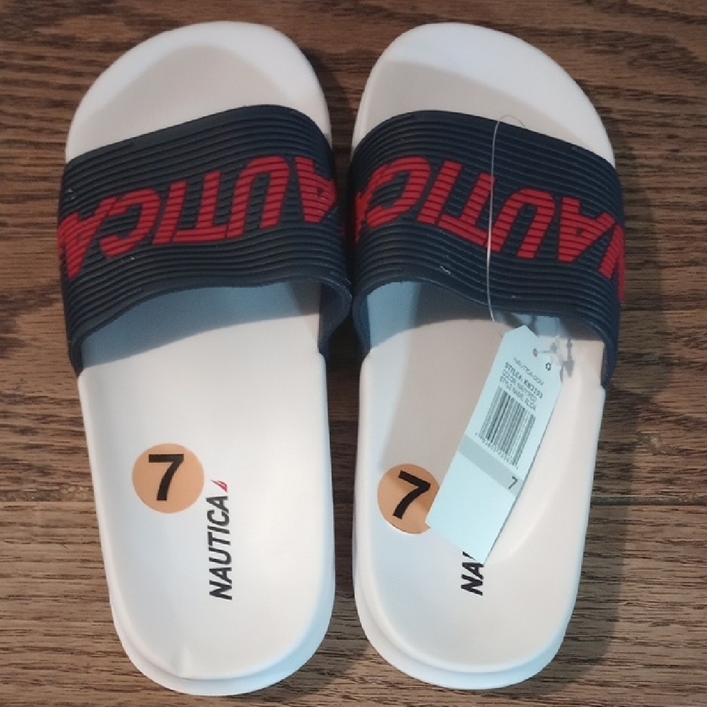 Nautica Black and White Slides with Red Accents